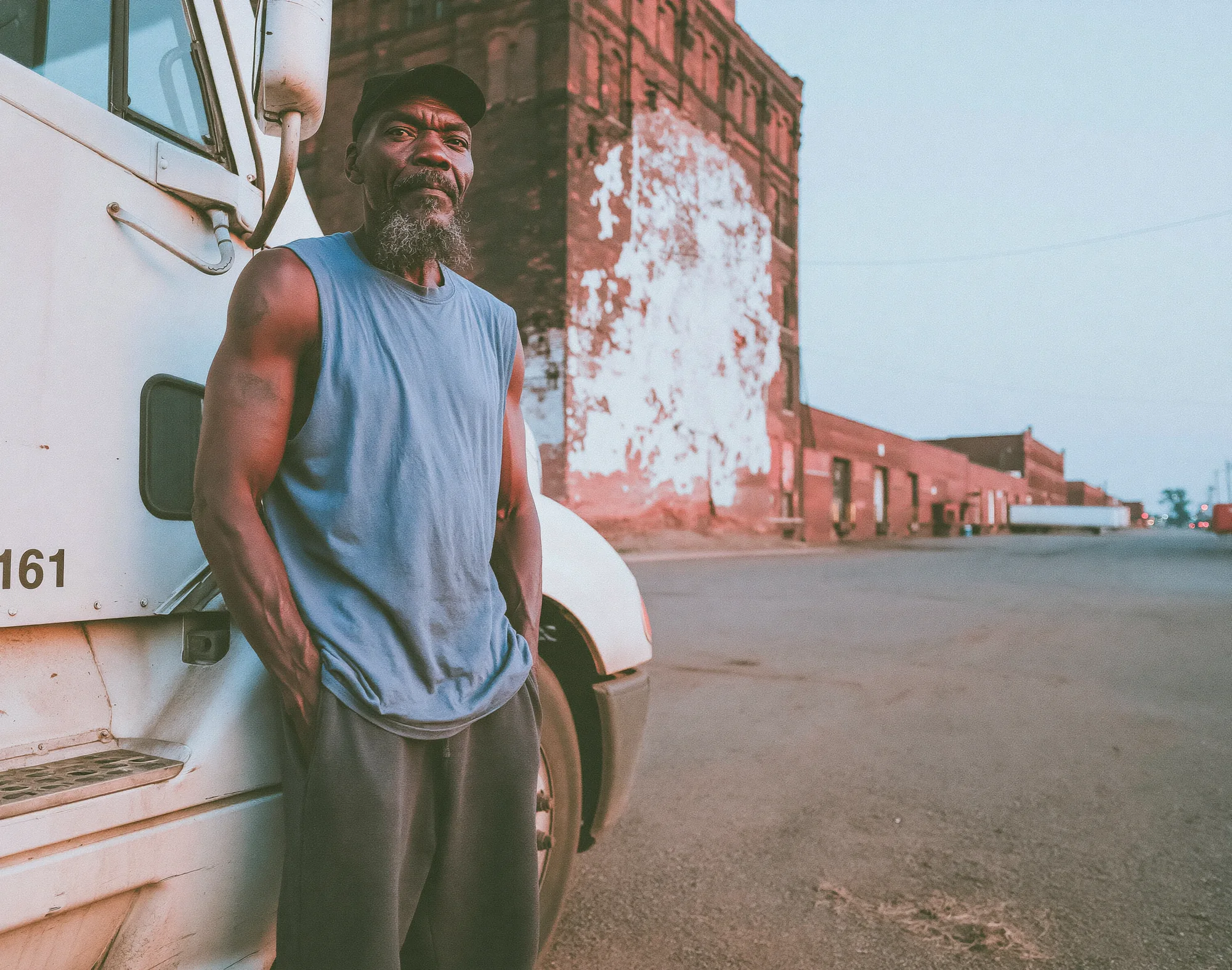 A driver standing beside his truck on an industrial street